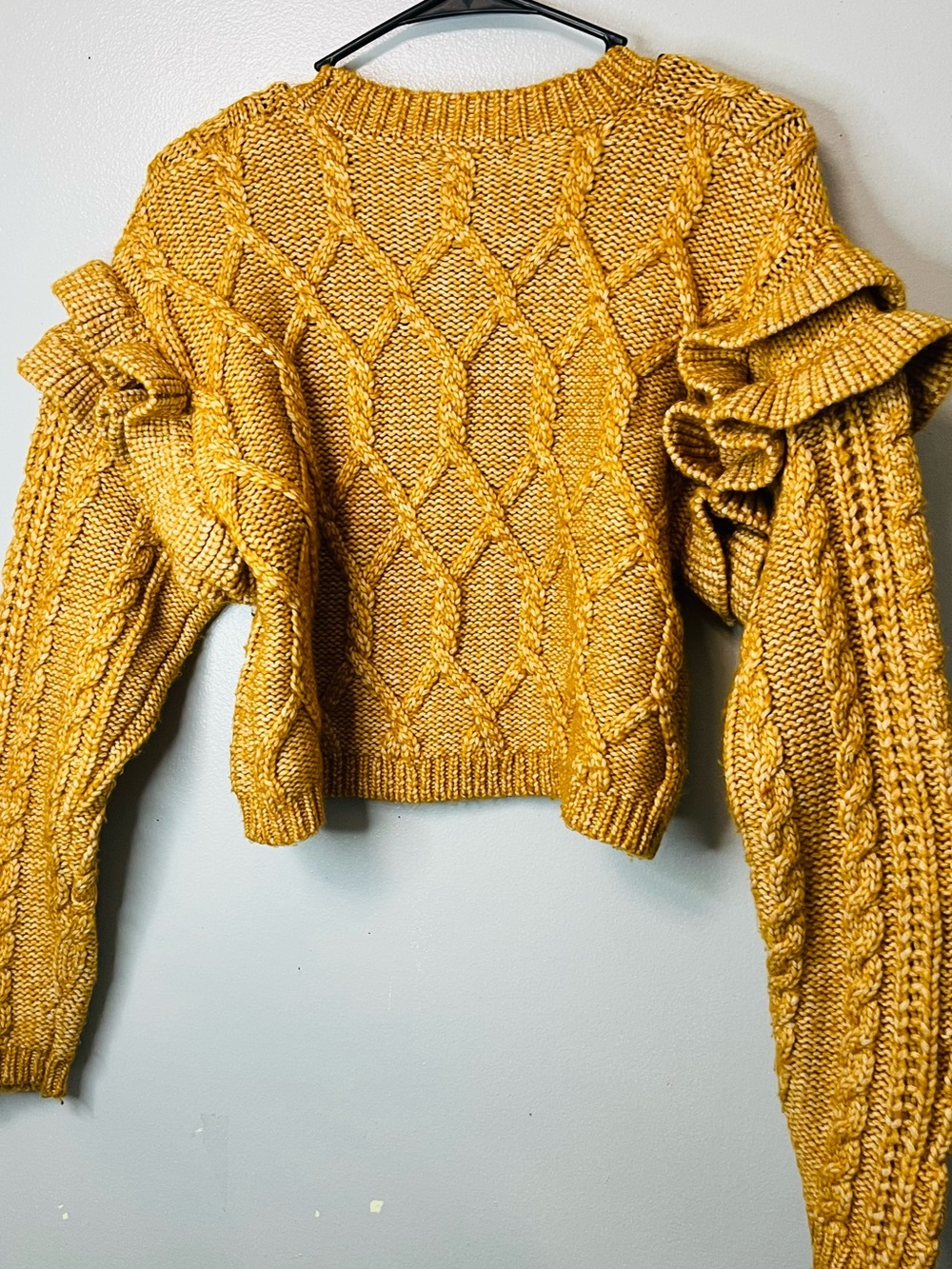 Forever 21 Mustard Cable-Knit Ruffle Sleeve Sweater